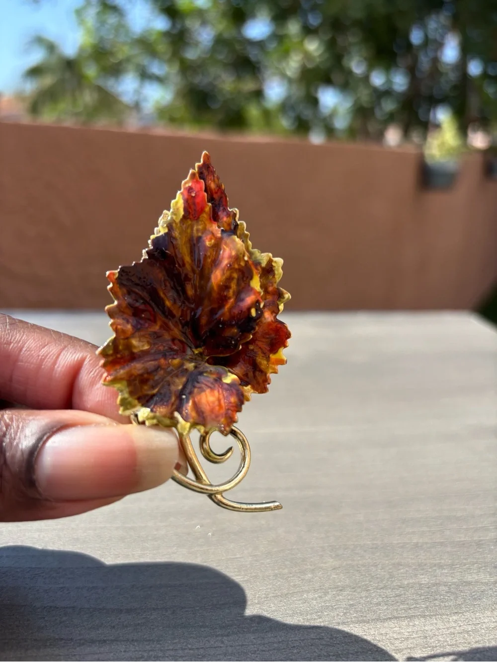 Vintage Signed Coro Enamel Gold Tone Autumn Leaf Brooch in Brown and Gold Tones